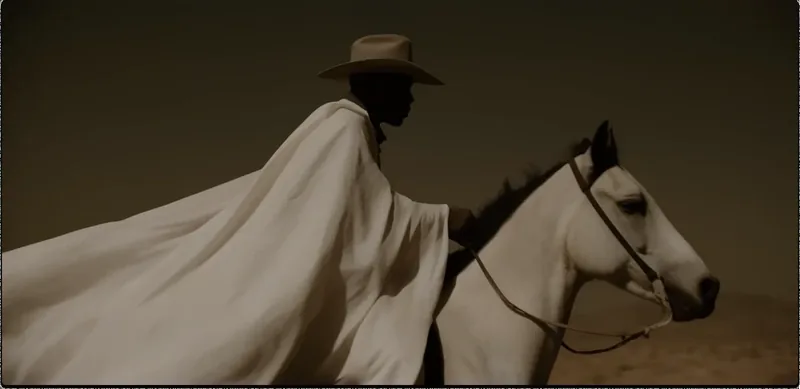 Male cowboy riding horse through the desert, close up shot, style reference 4, made with Krea 2