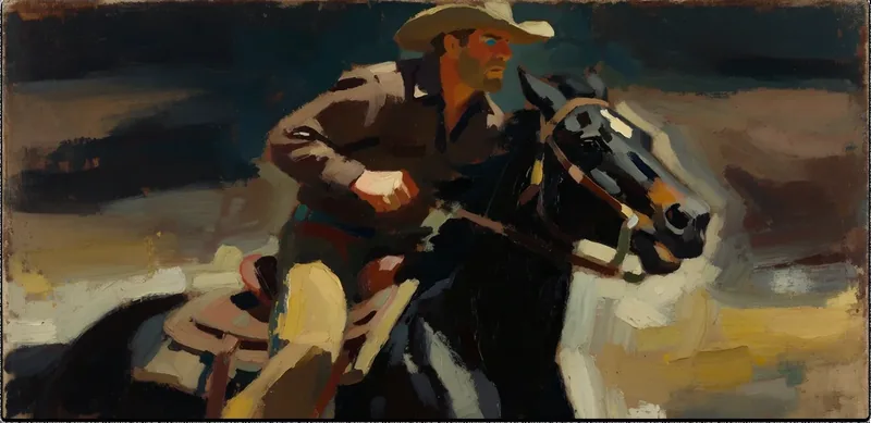 Male cowboy riding horse through the desert, close up shot, style reference 7, made with Krea 2