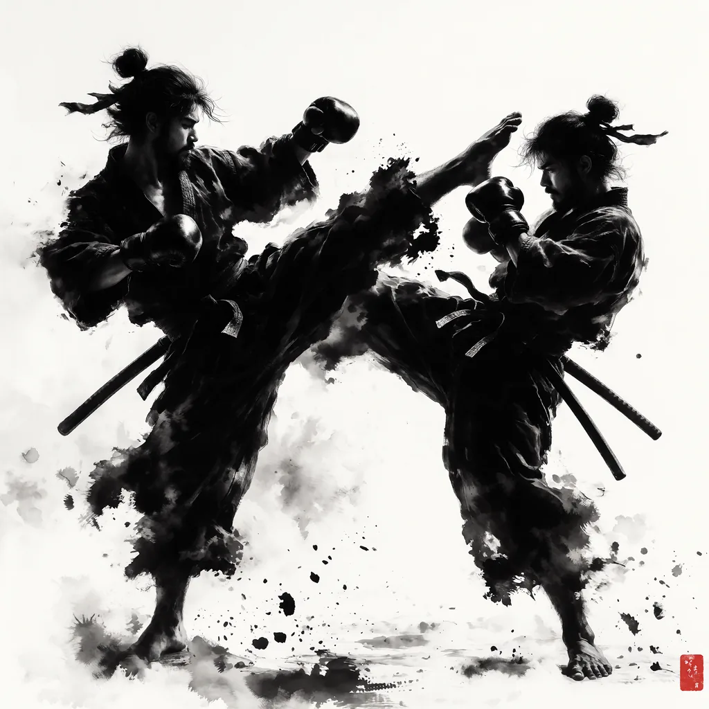 Two samurais in flowing robes doing a muay thai fight, one throws a high kick while the other leans back, made with the Krea 2 Dark Brush LoRA