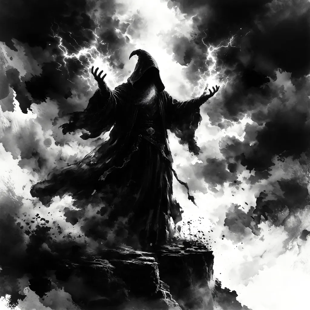 A sorcerer in flowing midnight robes stands atop a cliff edge, arms raised as crackling energy gathers…, made with the Krea 2 Dark Brush LoRA