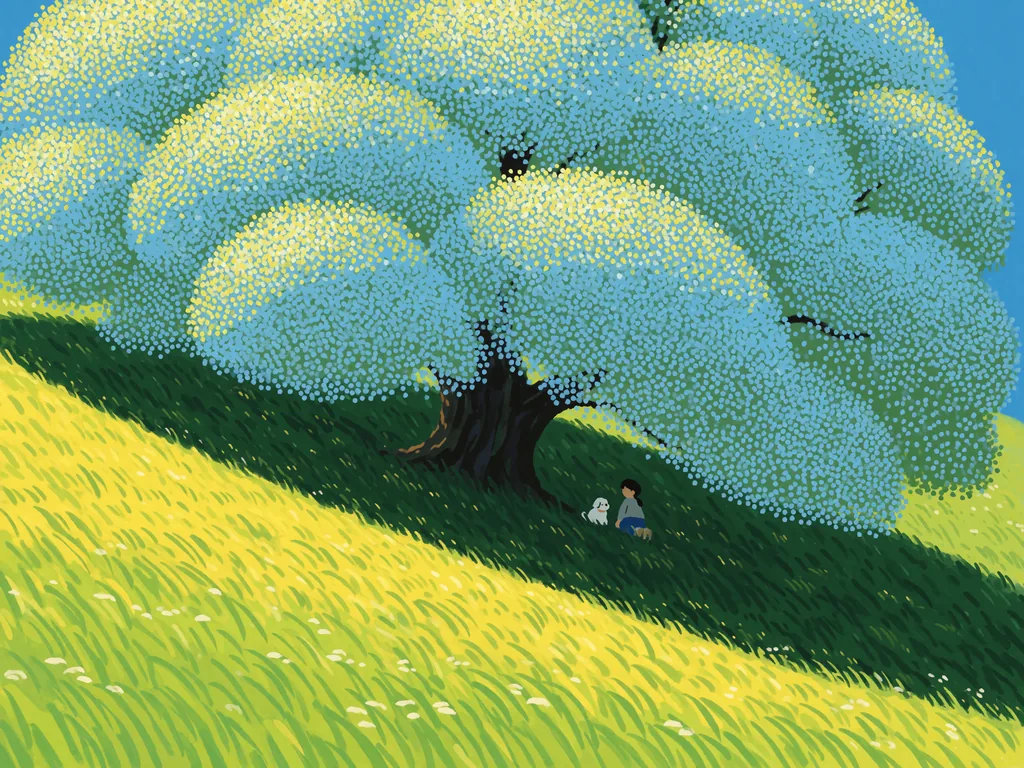 A tiny figure and a small white dog sit side-by-side in the deep green shadow of a massive tree on a sloping…, made with Krea 2