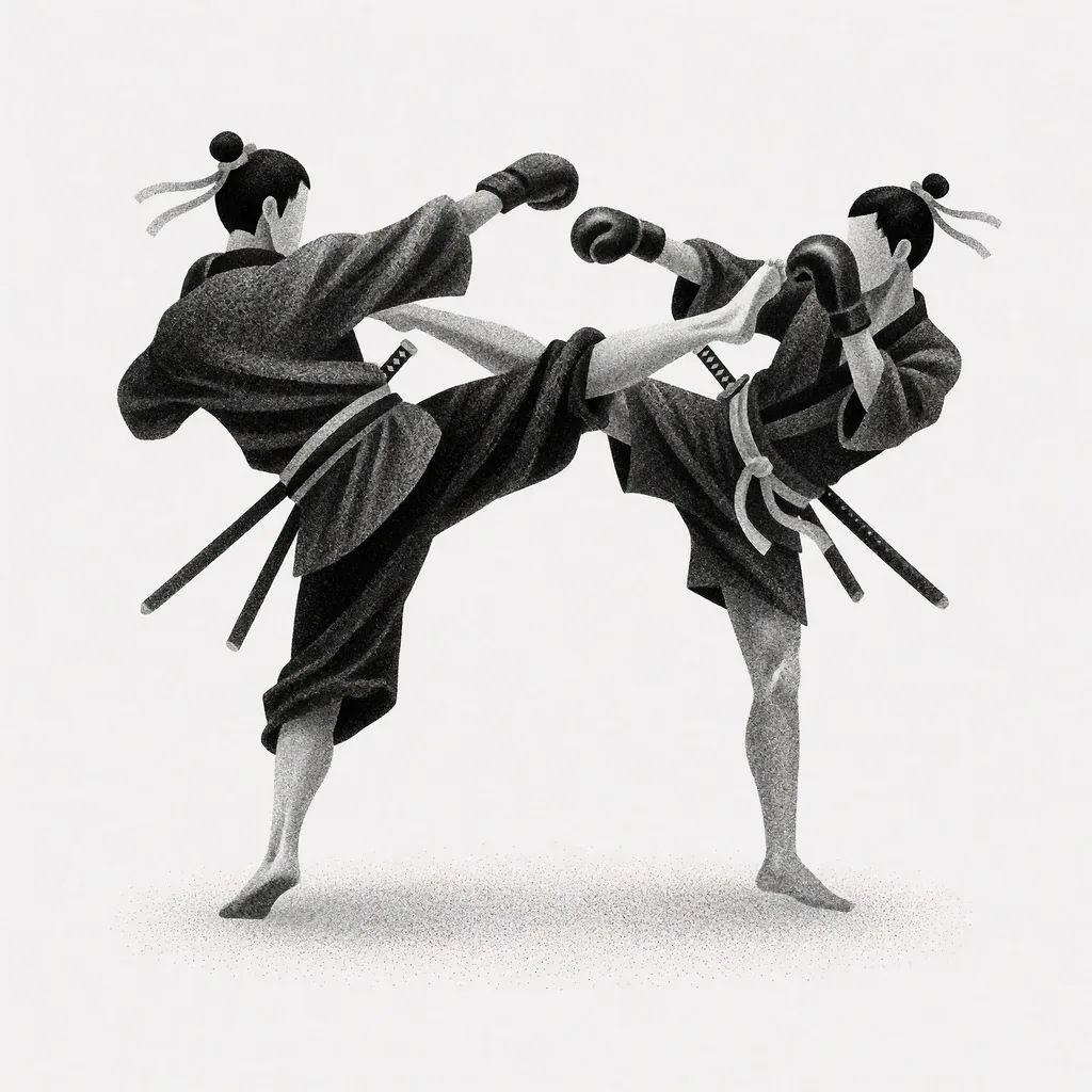 Two samurais in flowing robes doing a muay thai fight, one throws a high kick while the other leans back, made with the Krea 2 Dot Matrix LoRA