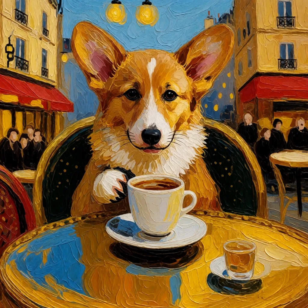 A corgi puppy sipping coffee at a parisian cafe, made with Krea 2