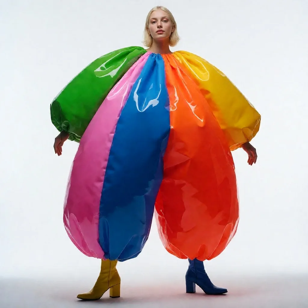 Playful avant-garde editorial of a model in a balloon-like inflated nylon suit against a bright monochrome…, made with Krea 2