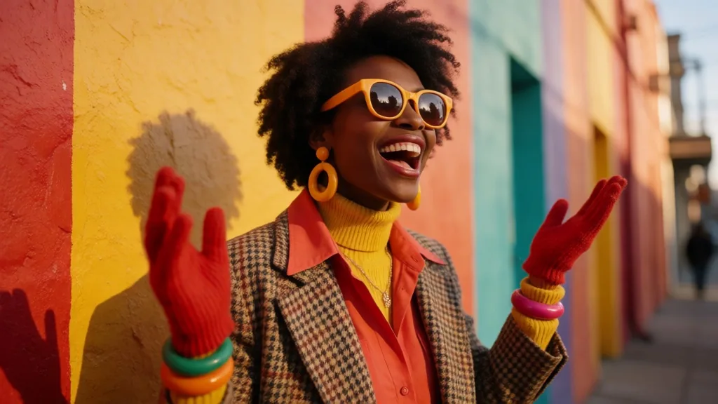 Expressive street portrait of a model in vintage layering and bold accessories against a colorful wall…, made with Krea 2