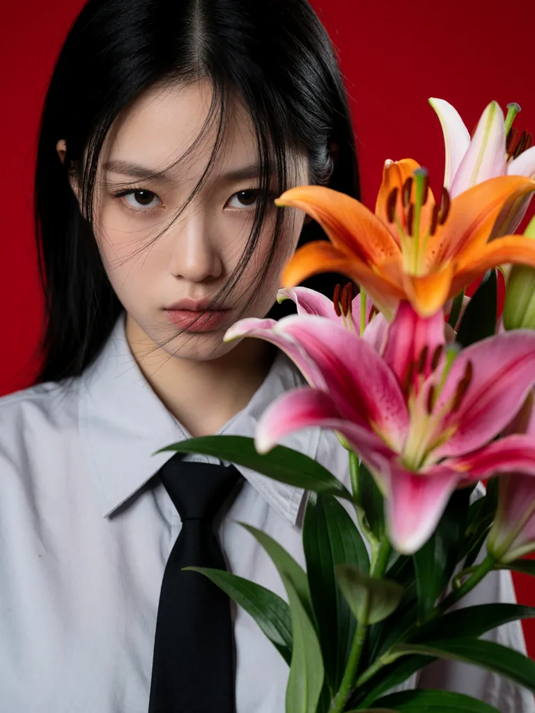 A close-up portrait of a young East Asian woman with straight black hair, loose strands sweeping across her…, made with Krea 2