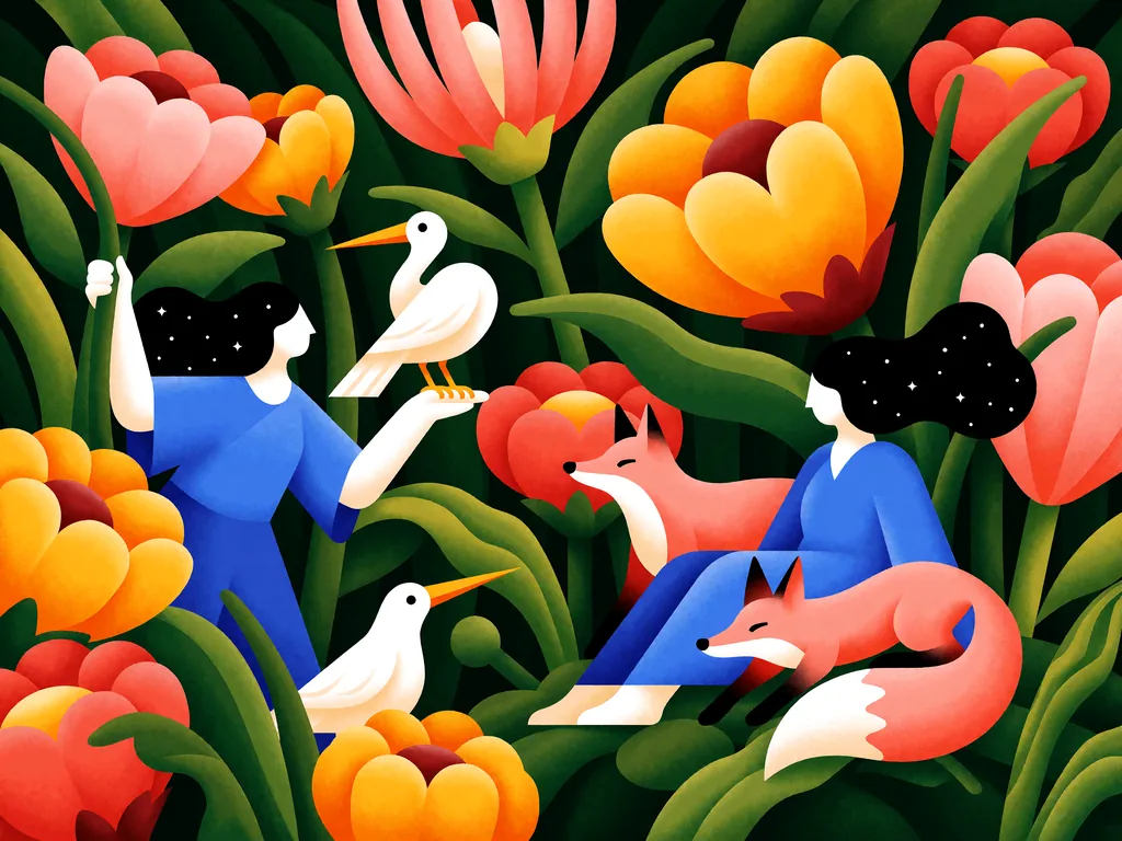 A stylized jungle illustration densely packed with oversized flora and surreal characters, rendered with…, made with Krea 2