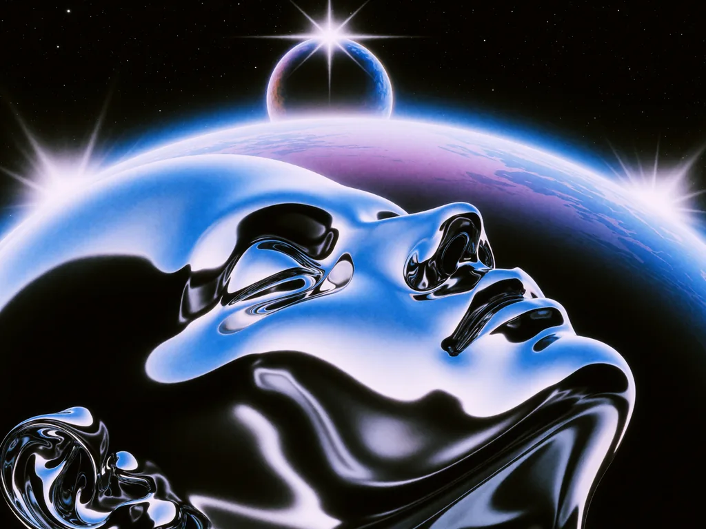 A surreal retro-futuristic space scene features liquid chrome forming an abstract face merging with a glowing…, made with Krea 2