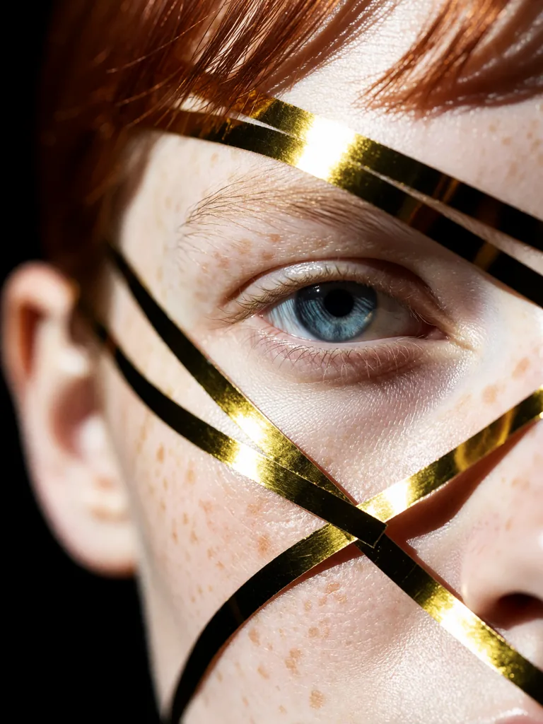 An extreme close-up portrait featuring pale, freckled skin and a single blue eye wrapped in reflective…, made with Krea 2