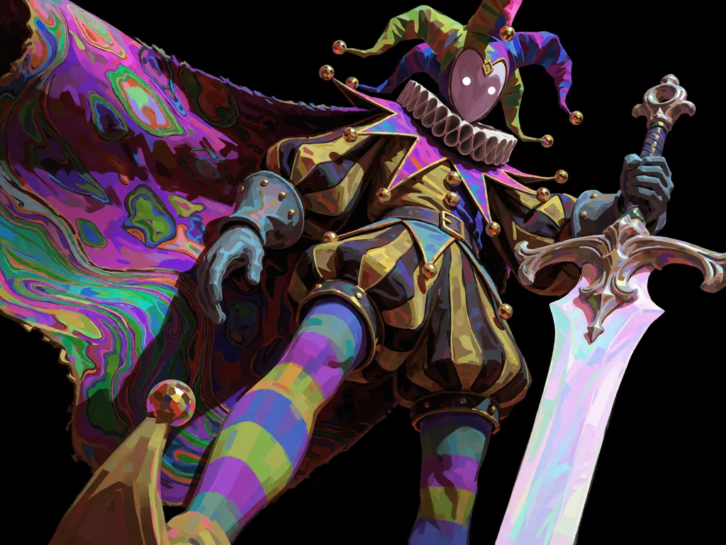 Stylized digital painting of a menacing jester figure rendered with bold, expressive brushstrokes and a…, made with Krea 2