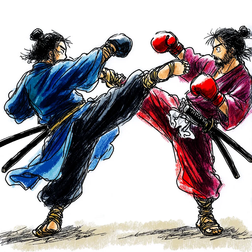 Two samurais in flowing robes doing a muay thai fight, one throws a high kick while the other leans back, made with the Krea 2 Kids Drawing LoRA