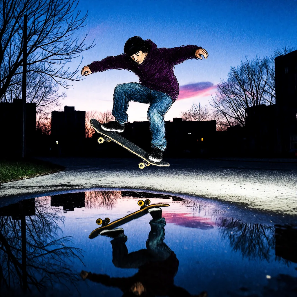 A skateboarder doing a kickflip at blue hour, a puddle reflects the skateboarder, made with the Krea 2 Kids Drawing LoRA