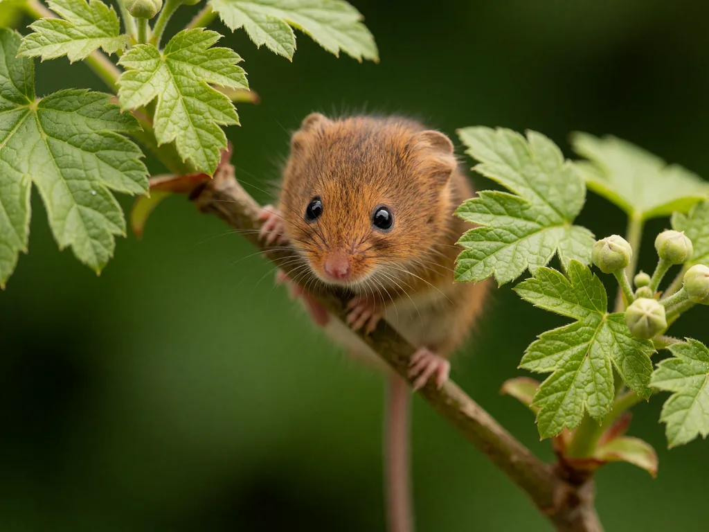 A tiny, russet-brown harvest mouse clings to a slender diagonal branch amid vibrant green lobed leaves and…, made with Krea 2