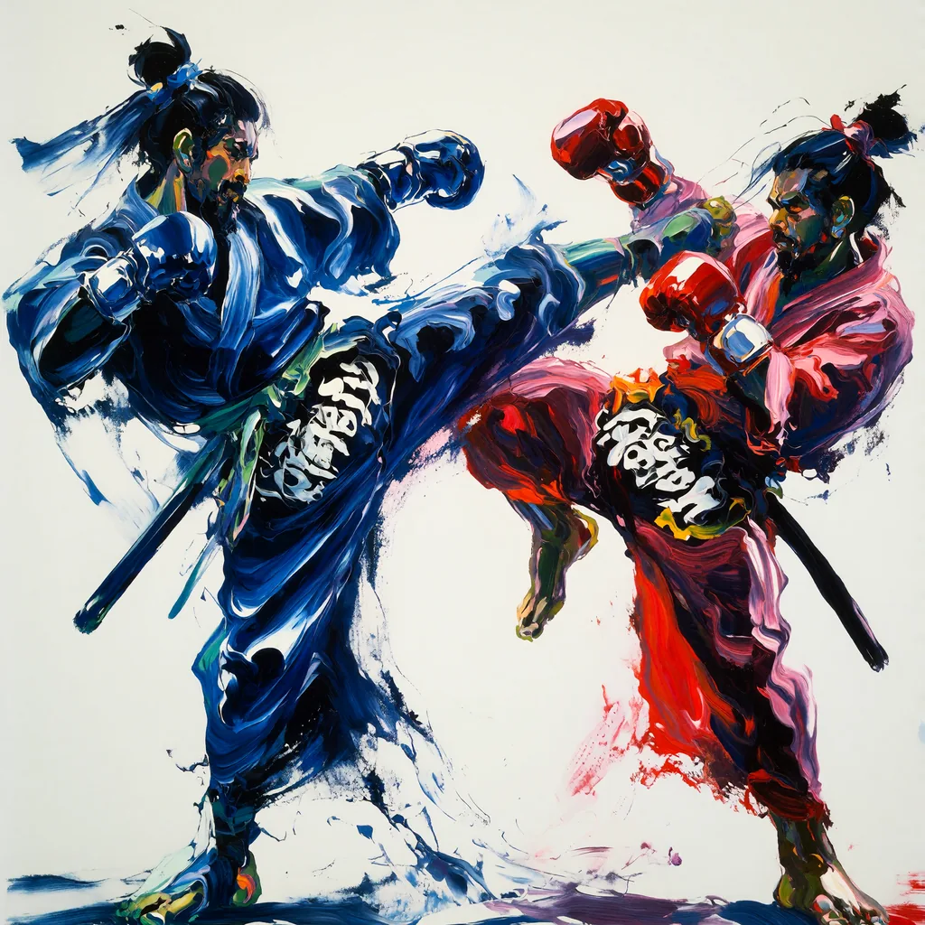 Two samurais in flowing robes doing a muay thai fight, one throws a high kick while the other leans back, made with the Krea 2 Neon Drip LoRA