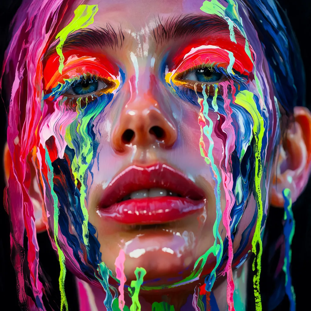 A close-up portrait of a woman, glowing neon highlights and vivid paint dripping down her face, made with the Krea 2 Neon Drip LoRA