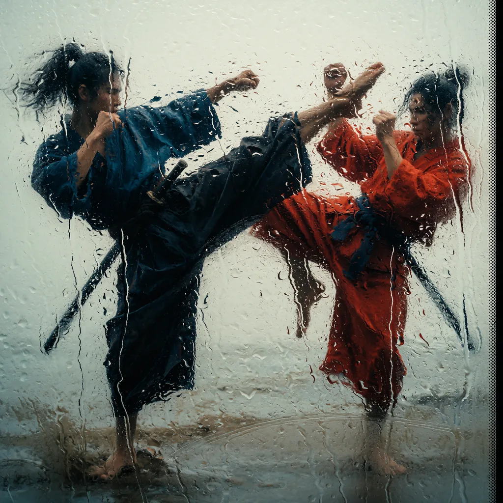Two samurais in flowing robes doing a muay thai fight, one throws a high kick while the other leans back, made with the Krea 2 Rainy Window LoRA