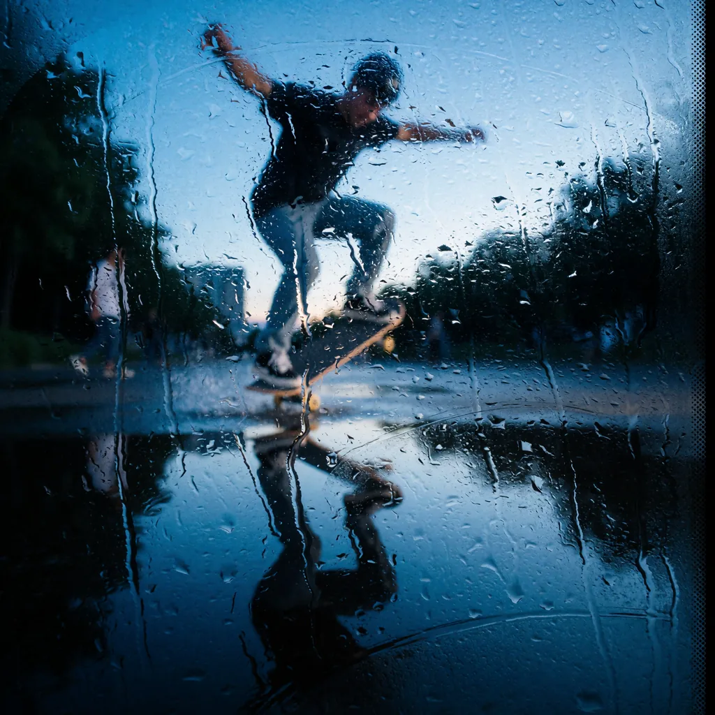 A skateboarder doing a kickflip at blue hour, a puddle reflects the skateboarder, made with the Krea 2 Rainy Window LoRA