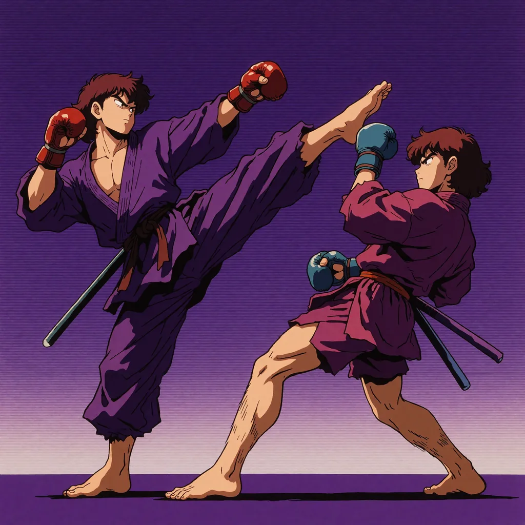 Two samurais in flowing robes doing a muay thai fight, one throws a high kick while the other leans back, made with the Krea 2 Retro Anime LoRA