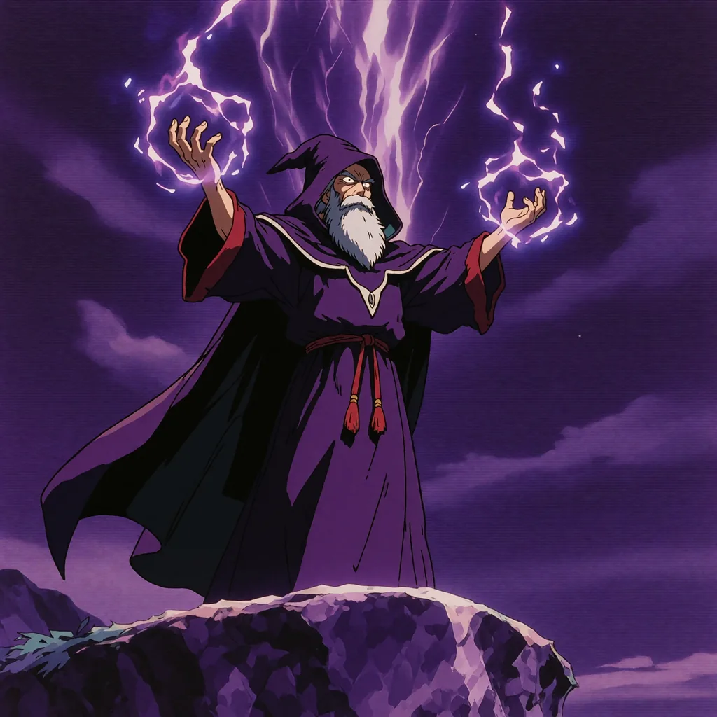 A sorcerer in flowing midnight robes stands atop a cliff edge, arms raised as crackling energy gathers…, made with the Krea 2 Retro Anime LoRA