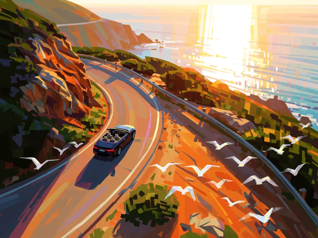 Stylized digital painting of a dark convertible on a winding coastal cliff road, high-angle perspective…, made with Krea 2