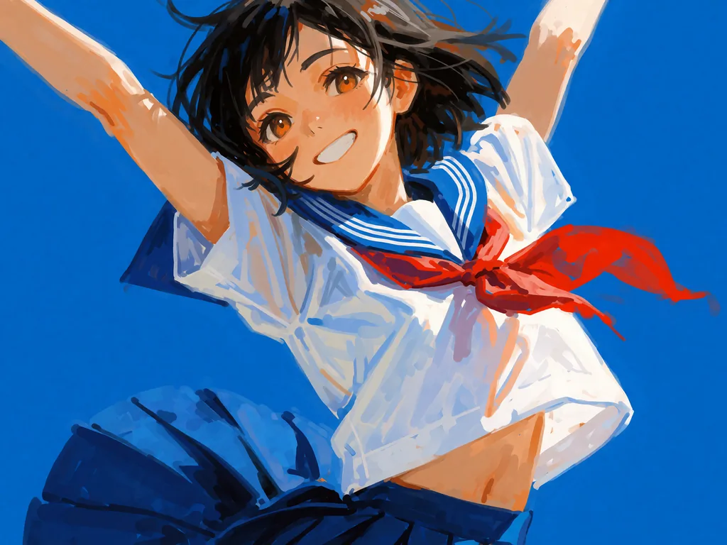 A dynamic digital painting of a joyful girl in a sailor uniform stretching her arms high against a solid…, made with Krea 2