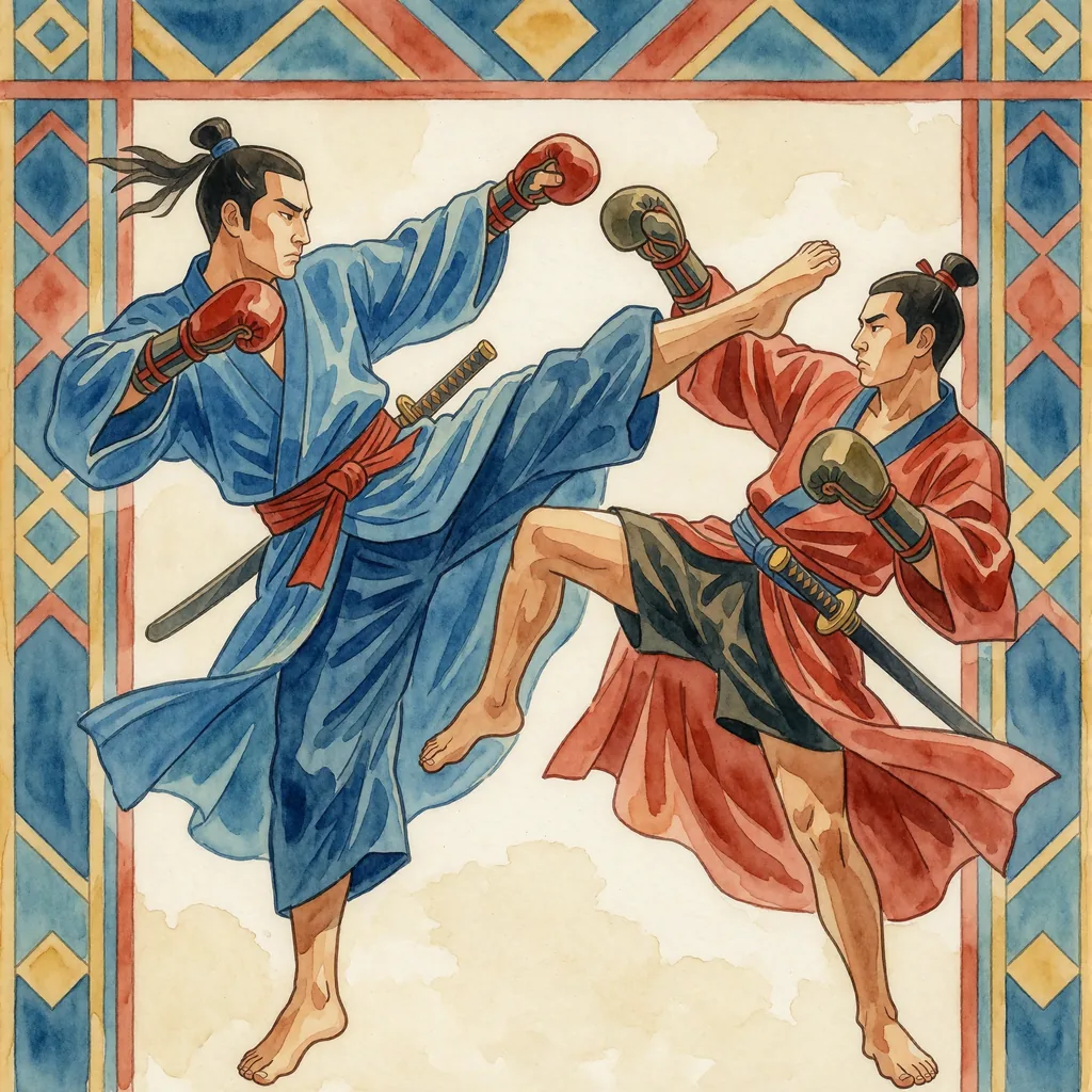 Two samurais in flowing robes doing a muay thai fight, one throws a high kick while the other leans back, made with the Krea 2 Soft Watercolor LoRA