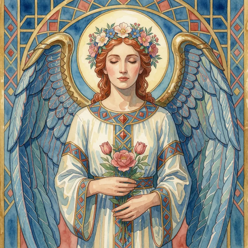 An angel with metallic wings and a crown of flowers, made with the Krea 2 Soft Watercolor LoRA