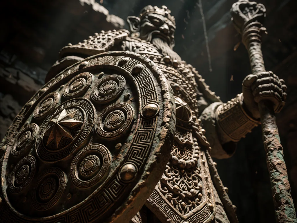 An extreme low-angle close-up captures a colossal, weathered stone and bronze guardian towering in a dark…, made with Krea 2