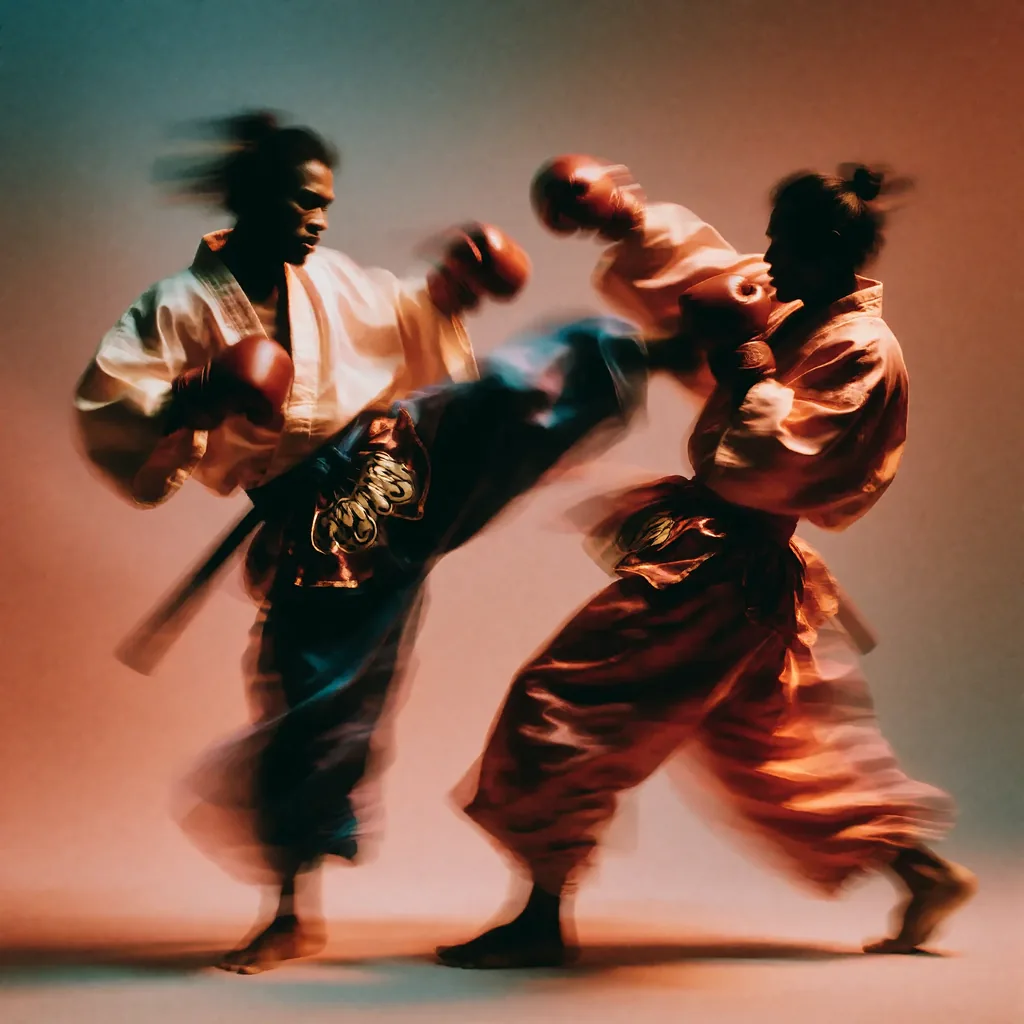Two samurais in flowing robes doing a muay thai fight, one throws a high kick while the other leans back, made with the Krea 2 Sunset Blur LoRA