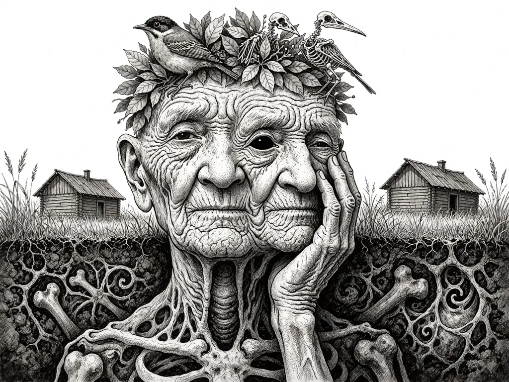 A surreal black-and-white ink illustration of three interlocking, heavily wrinkled elderly faces merging into…, made with Krea 2