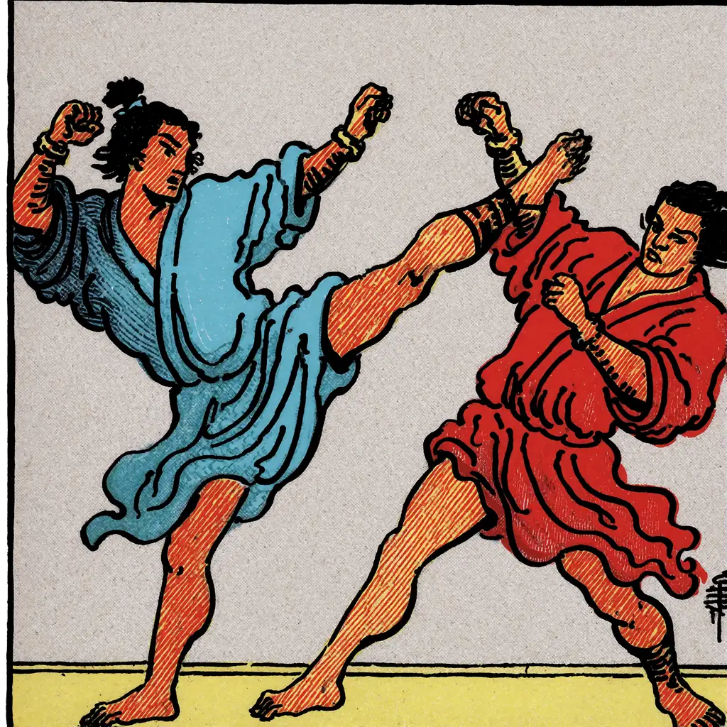 Two samurais in flowing robes doing a muay thai fight, one throws a high kick while the other leans back, made with the Krea 2 Vintage Tarot LoRA