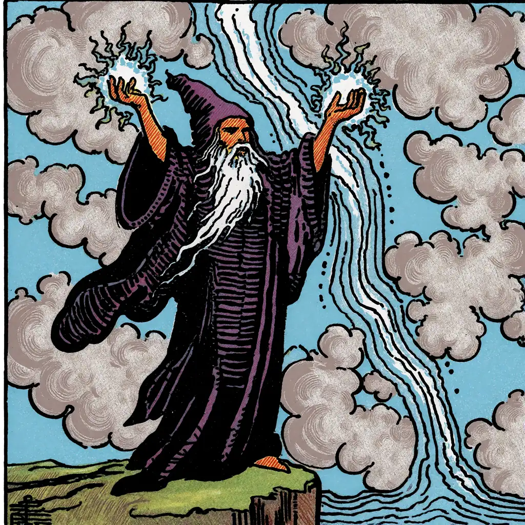 A sorcerer in flowing midnight robes stands atop a cliff edge, arms raised as crackling energy gathers…, made with the Krea 2 Vintage Tarot LoRA