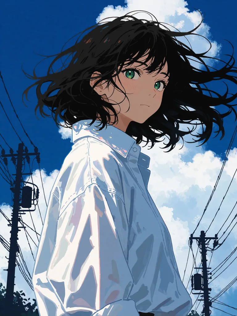 Young woman looking over her right shoulder, anime-style illustration, messy black hair blowing dynamically…, made with Krea 2