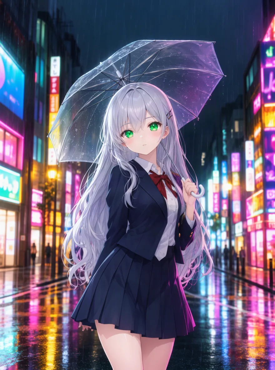 An anime girl with silver hair holding a clear umbrella on a neon-lit rainy street