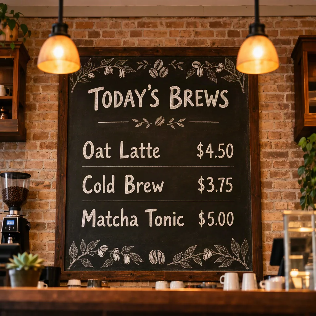 A café chalkboard menu reading Today’s Brews with three drinks and prices, made with MOSS Image