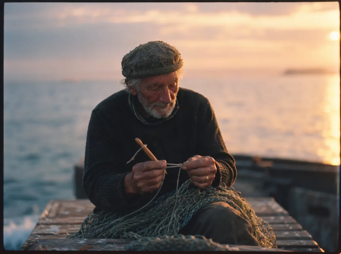 A 35mm film-style photo of an old fisherman mending a net on a pier at sunset