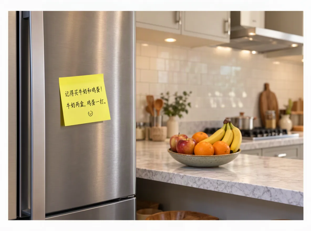 A yellow sticky note with a handwritten Chinese shopping reminder on a steel refrigerator