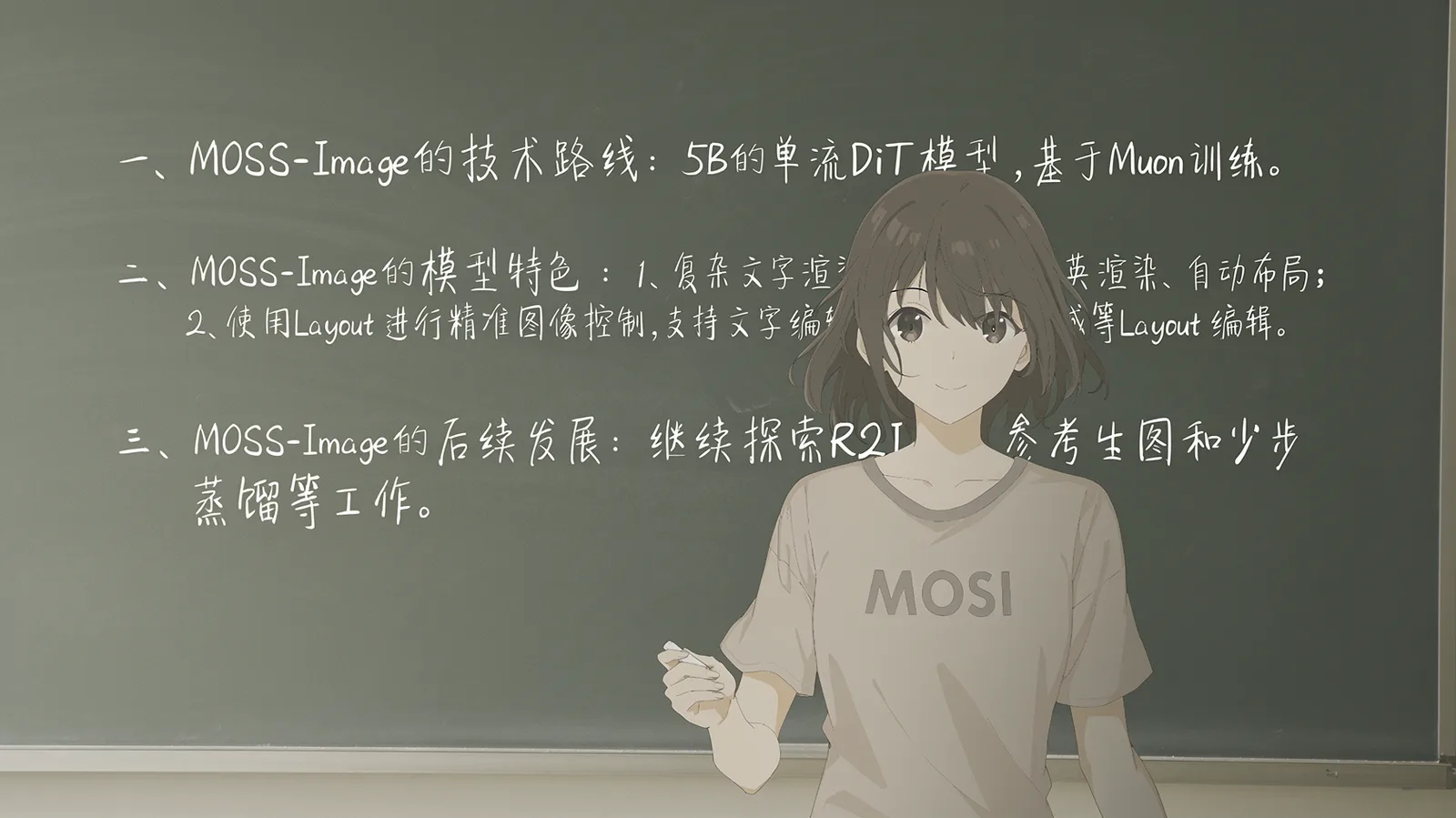 A girl in a MOSS T-shirt in front of a blackboard with three lines of handwritten Chinese notes