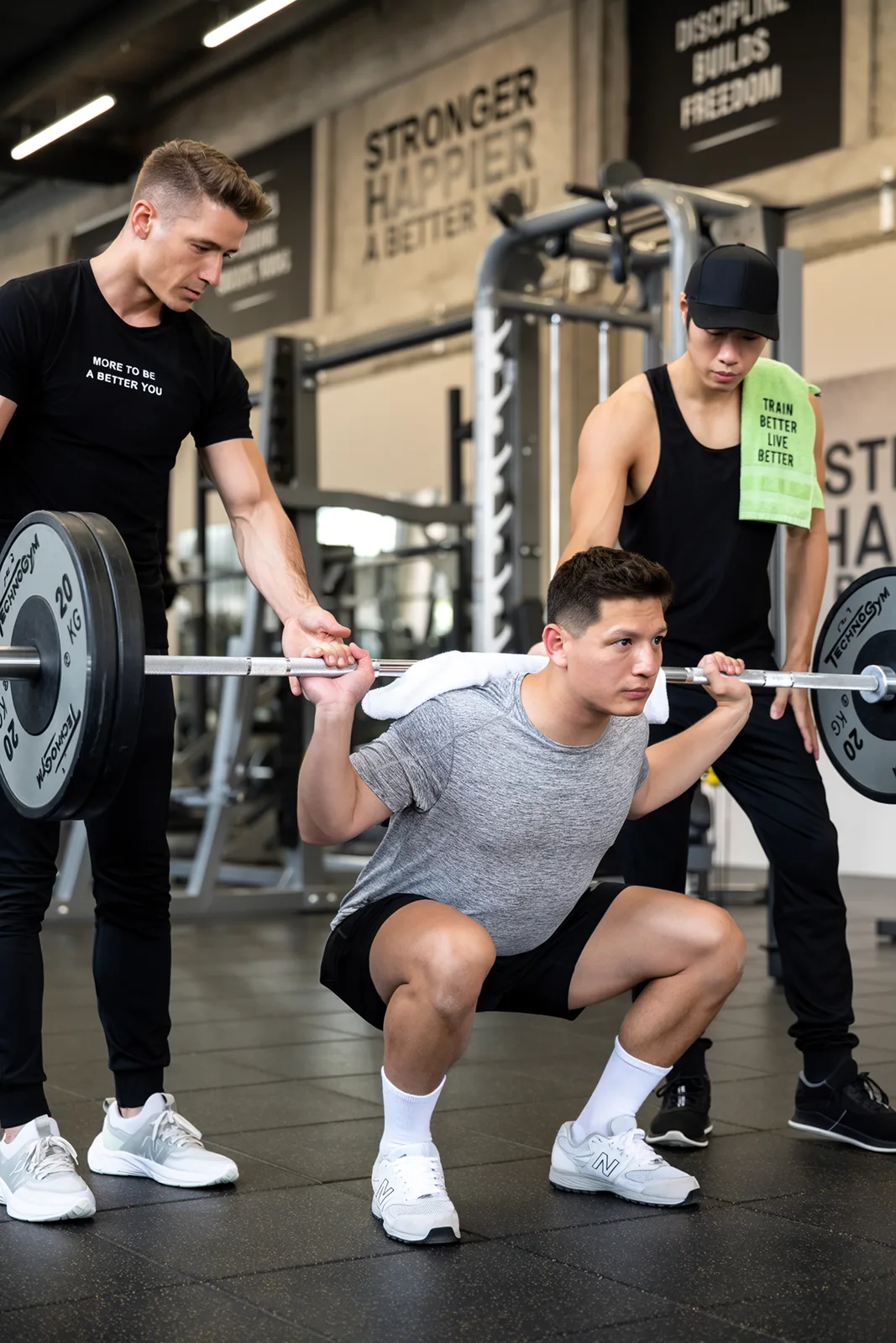Two trainers spotting a man doing a barbell squat in a brightly lit gym