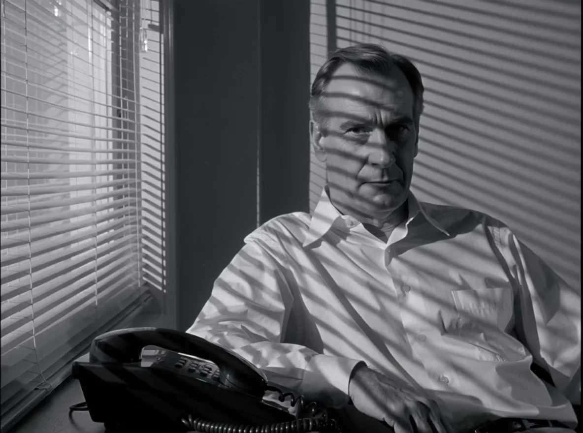 A black-and-white film noir still of a detective at a desk striped by light through venetian blinds