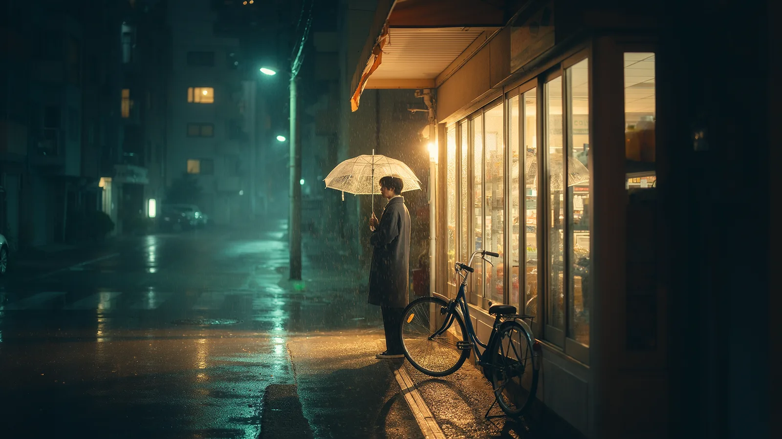 A person with a clear umbrella outside a glowing convenience store on a rainy night street