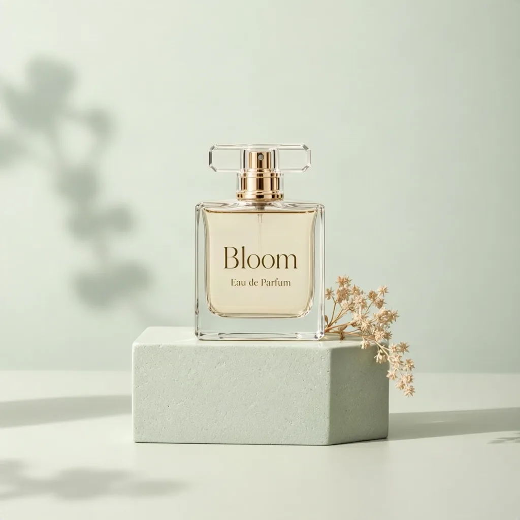 A glass perfume bottle labelled Bloom, Eau de Parfum on a sage stone pedestal