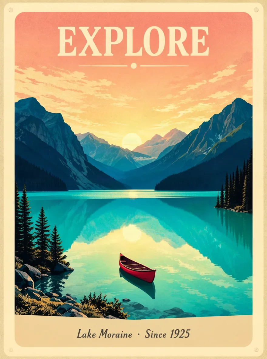 A vintage travel poster with the headline Explore over a turquoise mountain lake and a red canoe