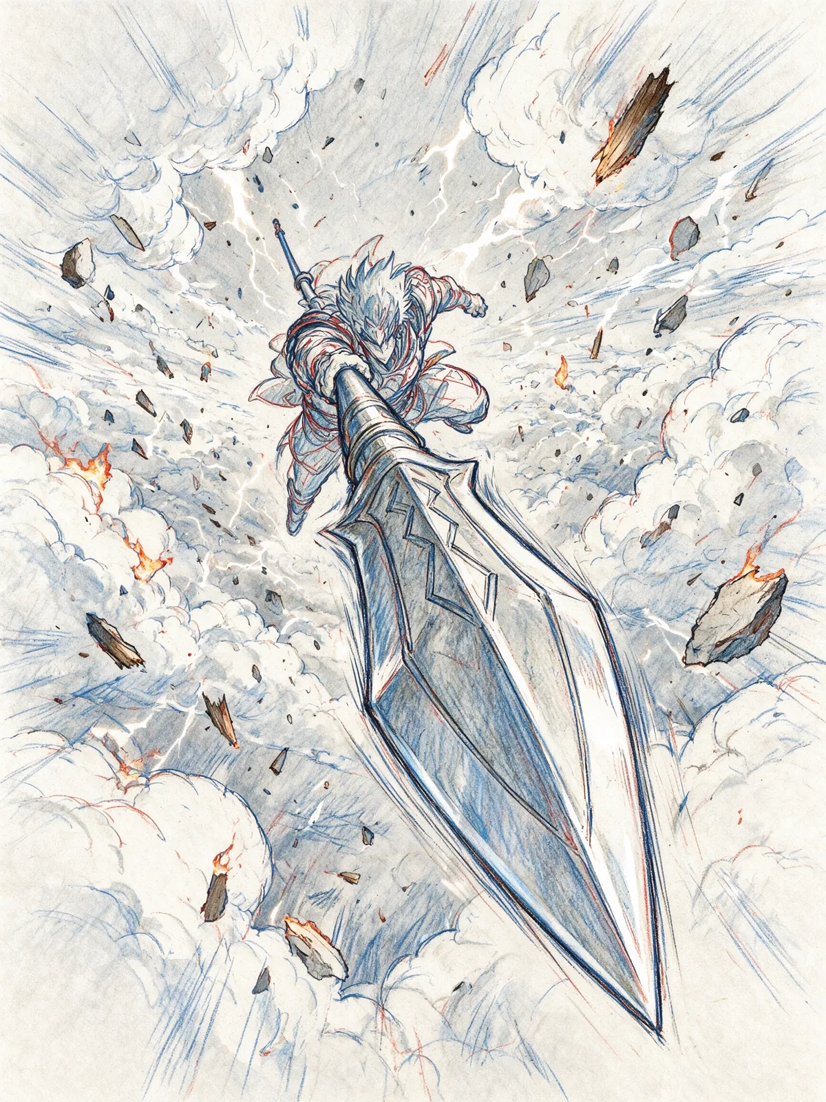An anime key-animation frame of a warrior diving with a spear