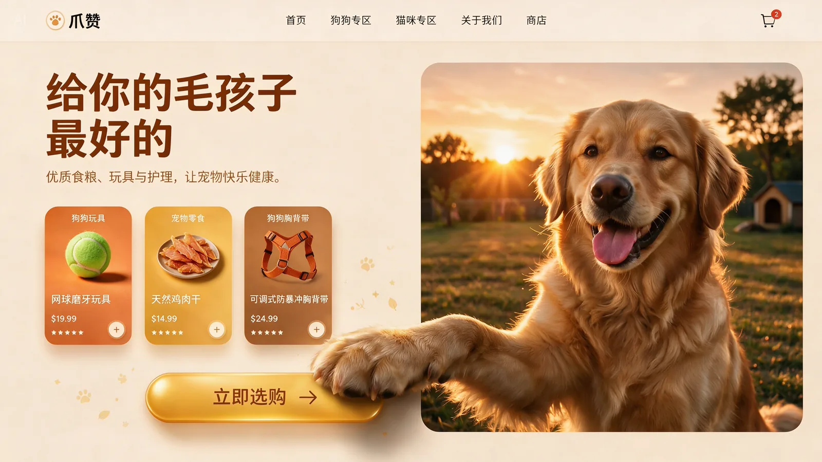 A pet store hero banner with a golden retriever stepping out of the frame
