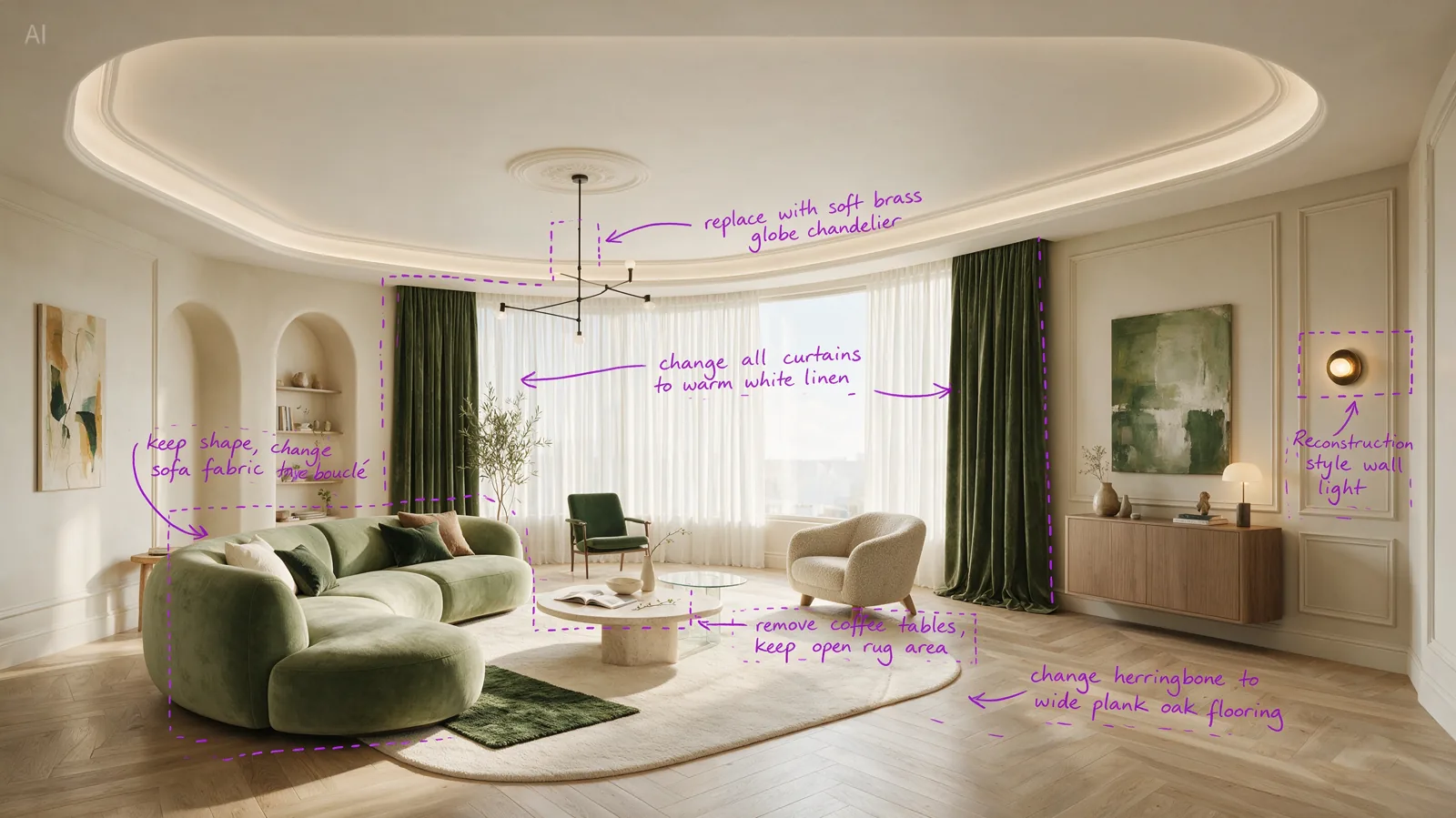 Input: A living room edited from handwritten notes into a warmer, brighter room