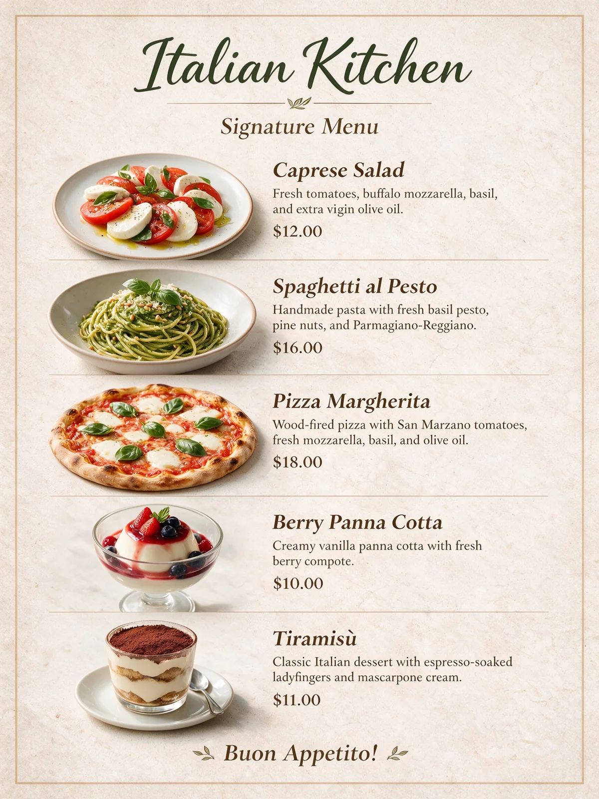 A restaurant menu designed from five dish photos