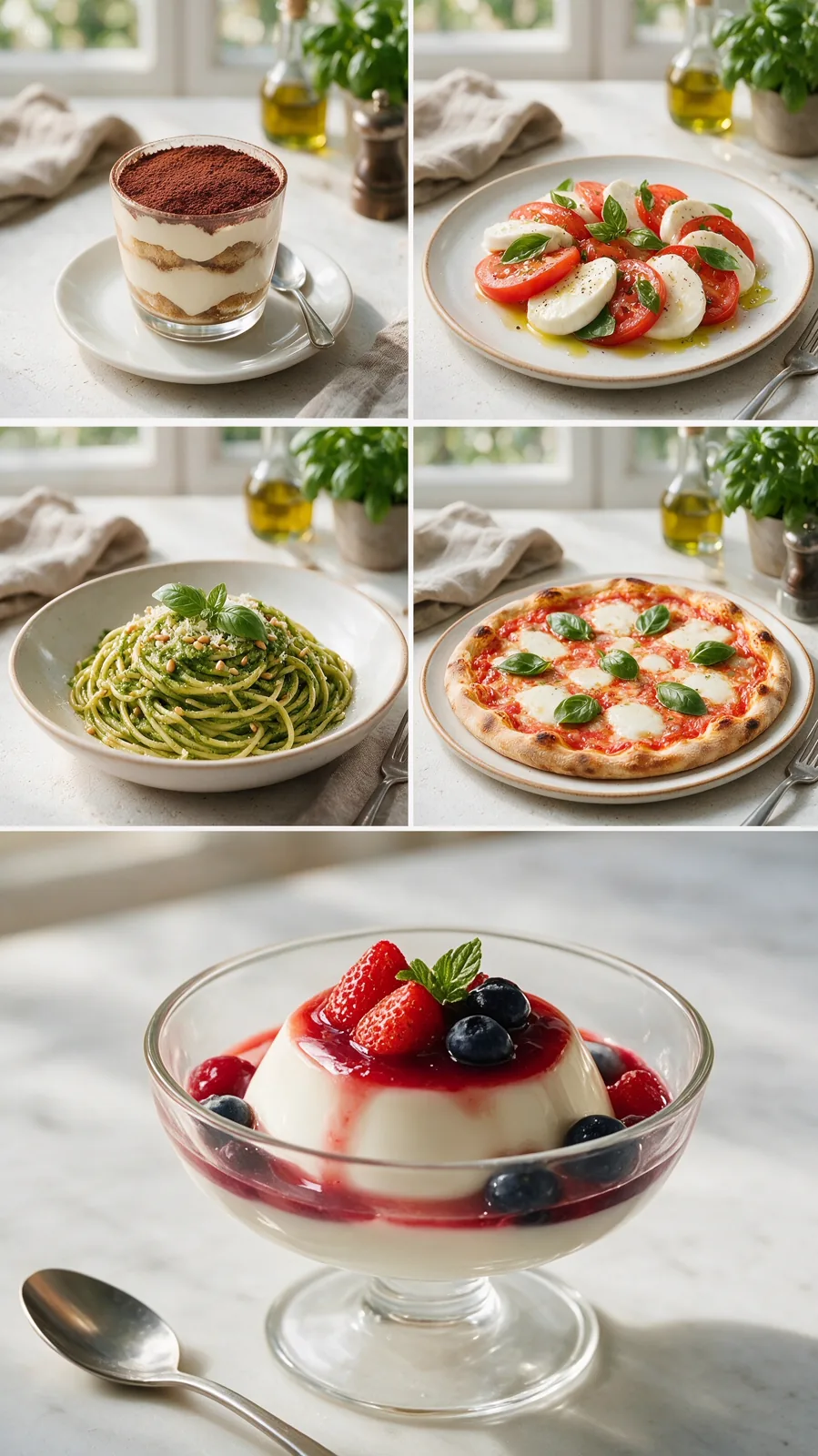 Input: A restaurant menu designed from five dish photos