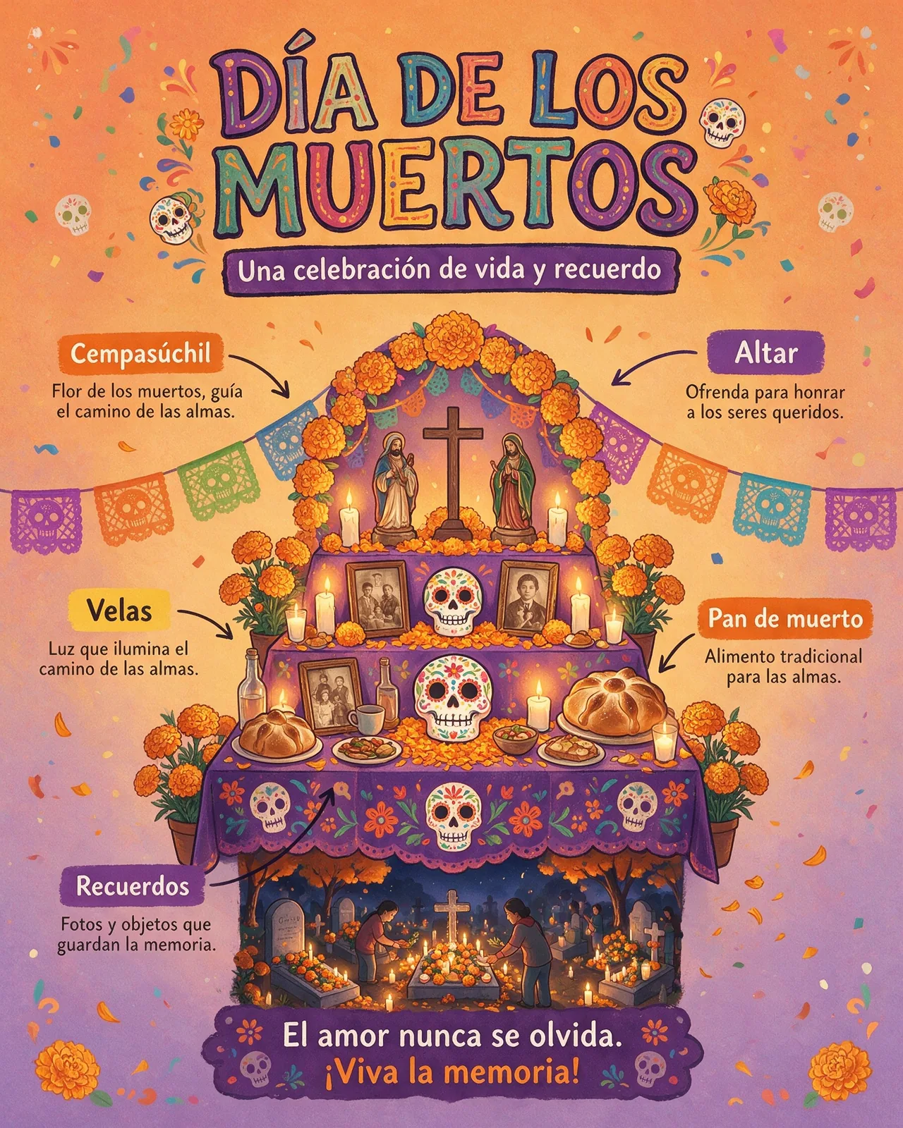 A Spanish-language infographic about Día de los Muertos