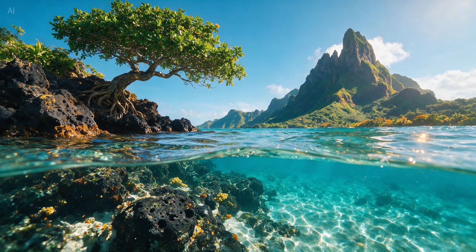 A split-level photo of a tropical lagoon above and below the water
